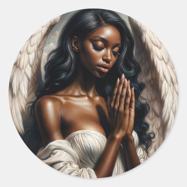 Angel Black Woman Praying Painting Classic Round Sticker (Front)