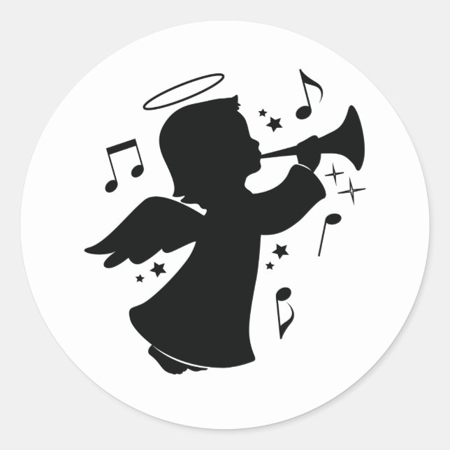 Angel Blowing a Trumpet with Notes Classic Round Sticker (Front)