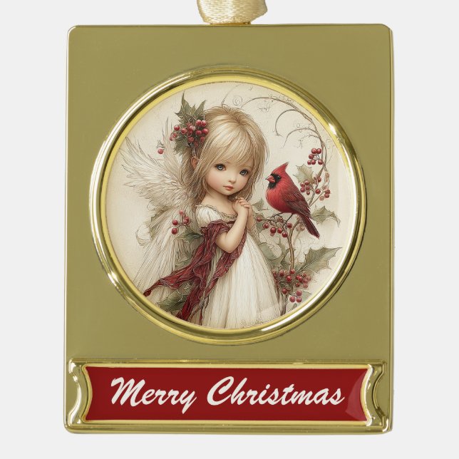 Angel & Cardinal – Holiday Blessings Banner Design Gold Plated Banner Ornament (Front)