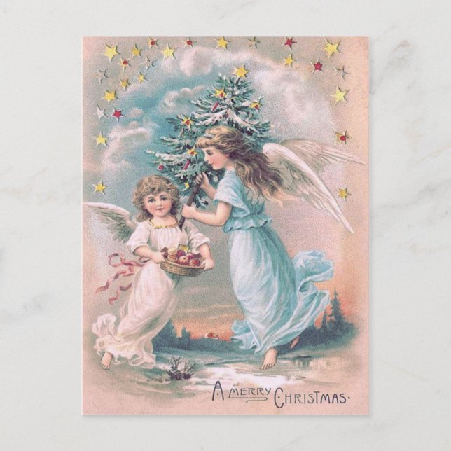 Angel Cherub Christmas Tree Apple Stars Holiday Postcard (Front)