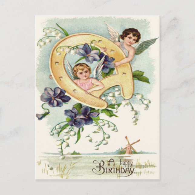 Angel Cherub Horseshoe Forget-Me-Not Postcard (Front)