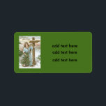 Angel Christmas Tree Cross Winter Cottage Label<br><div class="desc">Time to celebrate the holidays. This vintage Christmas print depicts an angel with a Christmas tree. A winter cottage in the background.</div>
