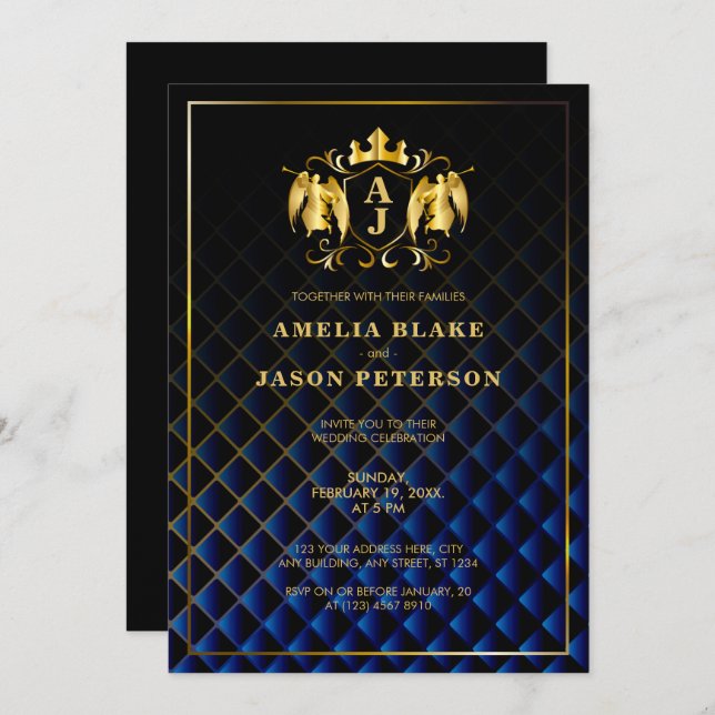 Angel Crest | Gold Royal Blue Luxurious Wedding Invitation (Front/Back)