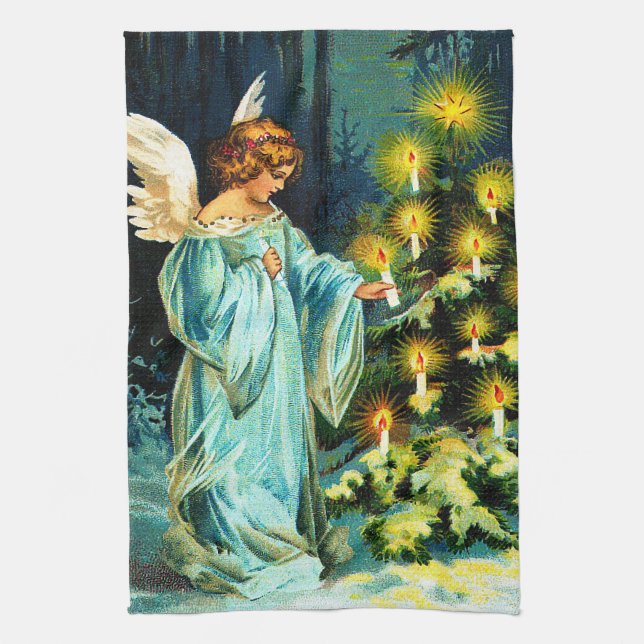 Angel Decorating Christmas Tree Tea Towel (Vertical)
