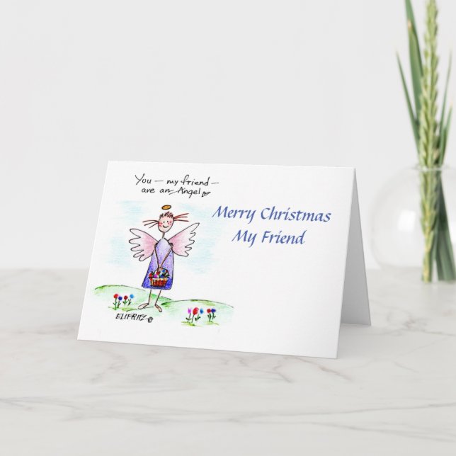 Angel Drawing Purple Blue Green "You My Friend"  Holiday Card (Front)