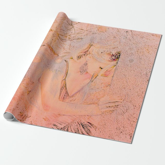 Angel Elegant Rose Gold Peach Floral Antique Wrapping Paper (Unrolled)