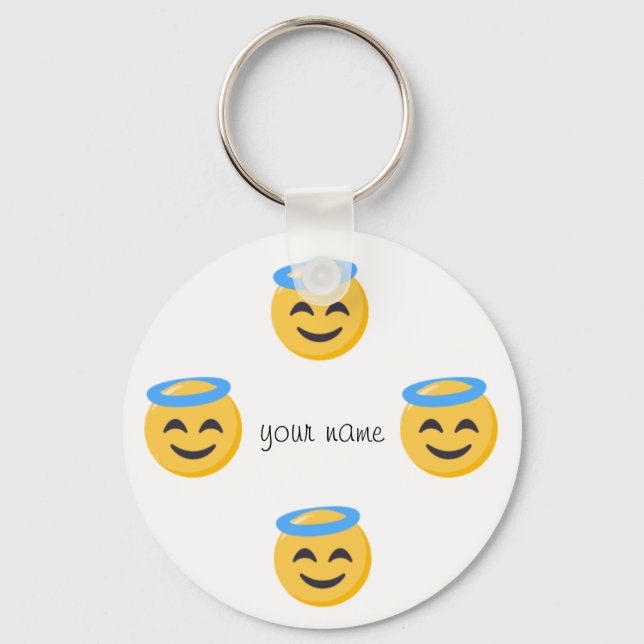 Angel Emoji Face  and '' Your Name Here " Key Ring (Front)