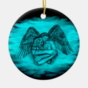 Angel Eros in Love , black and green design Ceramic Tree Decoration
