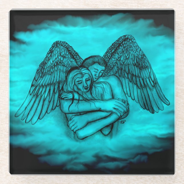Angel Eros in Love , black and green design Glass Coaster (Front)