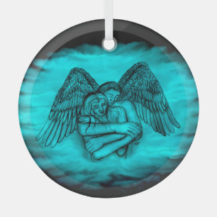 Angel Eros in Love , black and green design Glass Tree Decoration