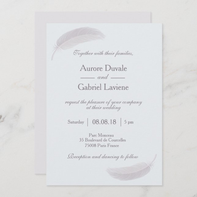 Angel feather baby blue white grey elegant wedding invitation (Front/Back)