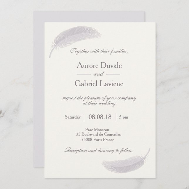 Angel feather champagne white grey elegant wedding invitation (Front/Back)