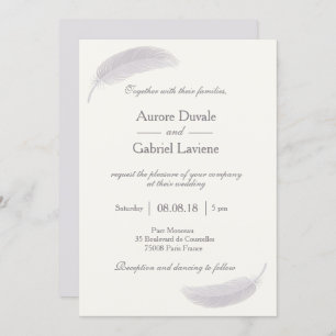 Angel feather champagne white grey elegant wedding invitation