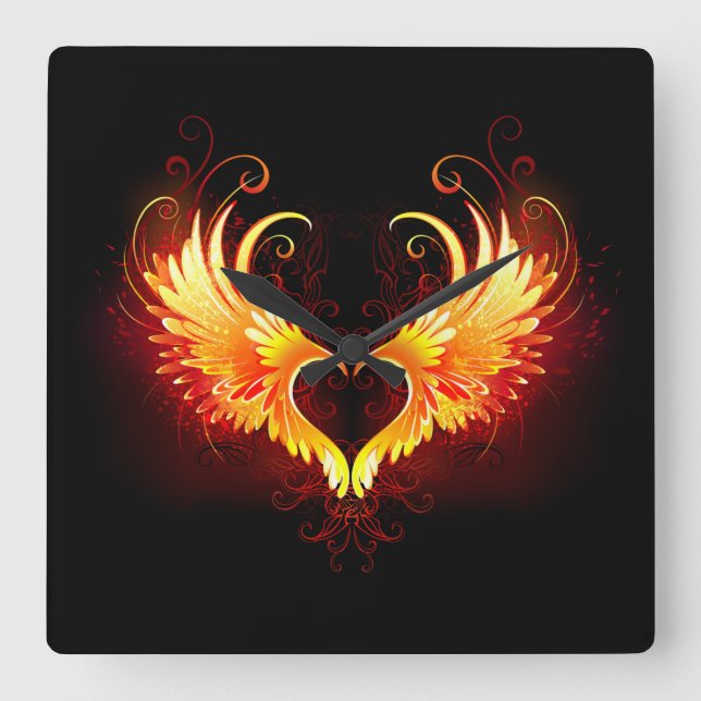 Angel Fire Heart with Wings Square Wall Clock (Front)