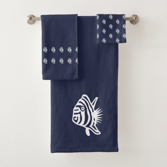 Angel fish  Ocean Blue & white coastal deco Bath Towel Set (Insitu)