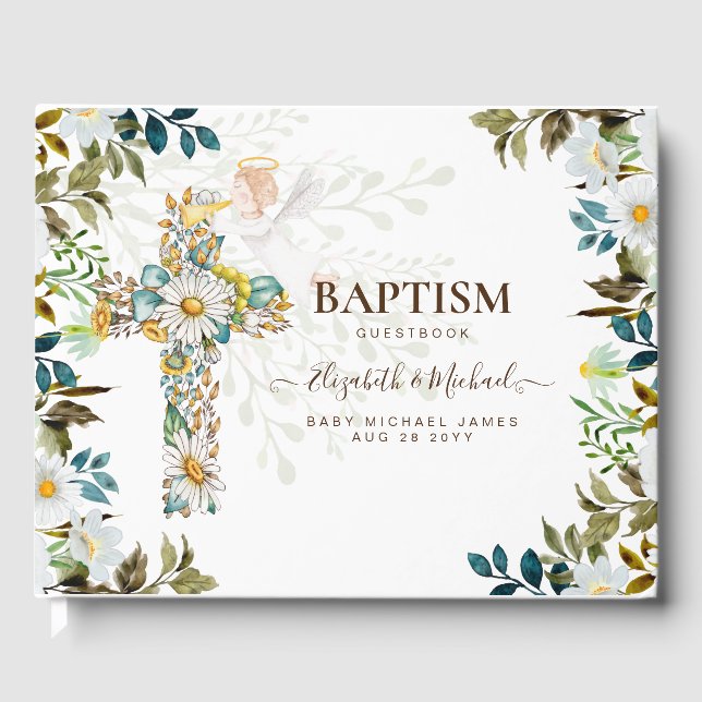 Angel Floral Cross Greenery Baptism Christening Gu Guest Book (Front)