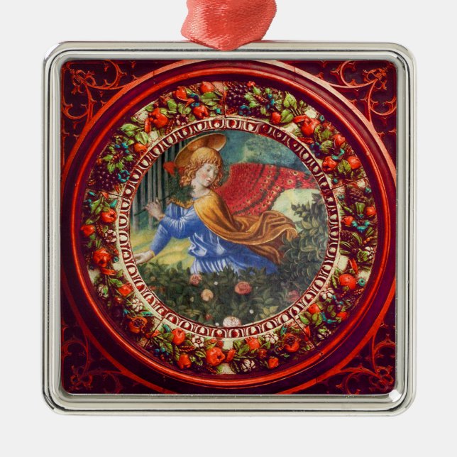 Angel Gathering Flowers Red Floral Crown Christmas Metal Tree Decoration (Front)