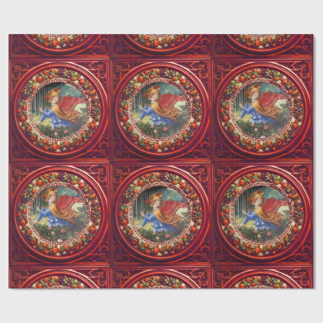 Angel Gathering Flowers Red Floral Crown Christmas Wrapping Paper (Flat)