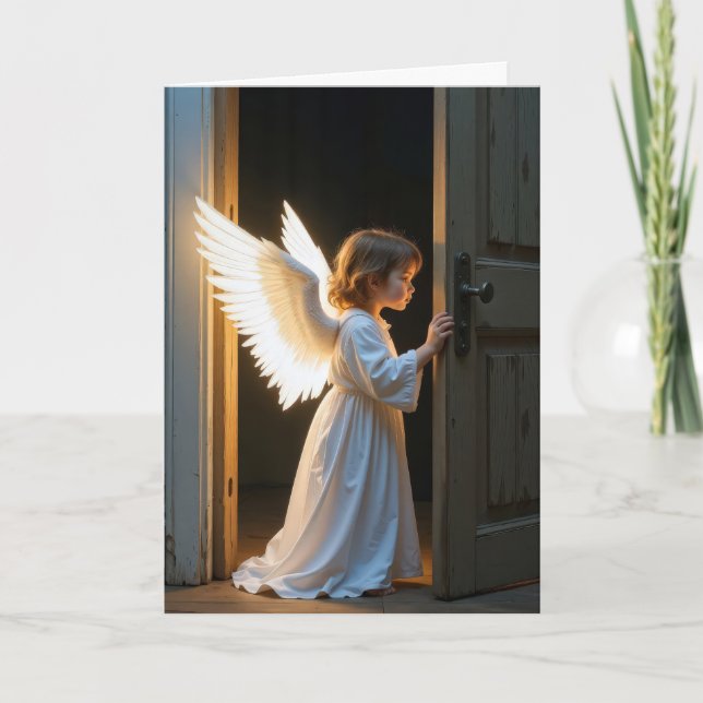 Angel Girl Peering Around a Door Card (Front)
