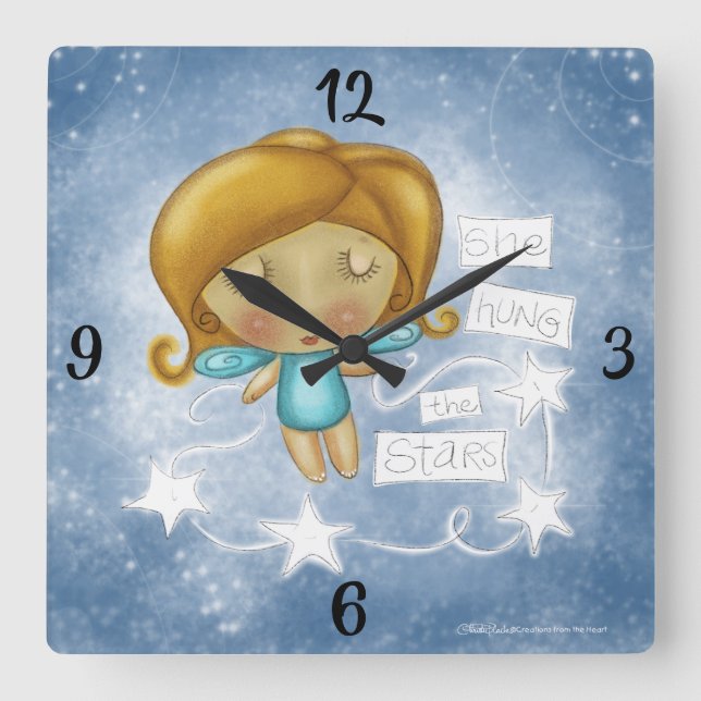 Angel Hangs the Stars Square Wall Clock (Front)