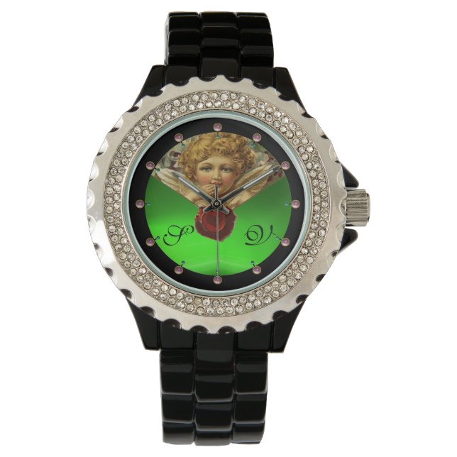 ANGEL HEART WAX SEAL,GREEN EMERALD GEM MONOGRAM WATCH (Front)
