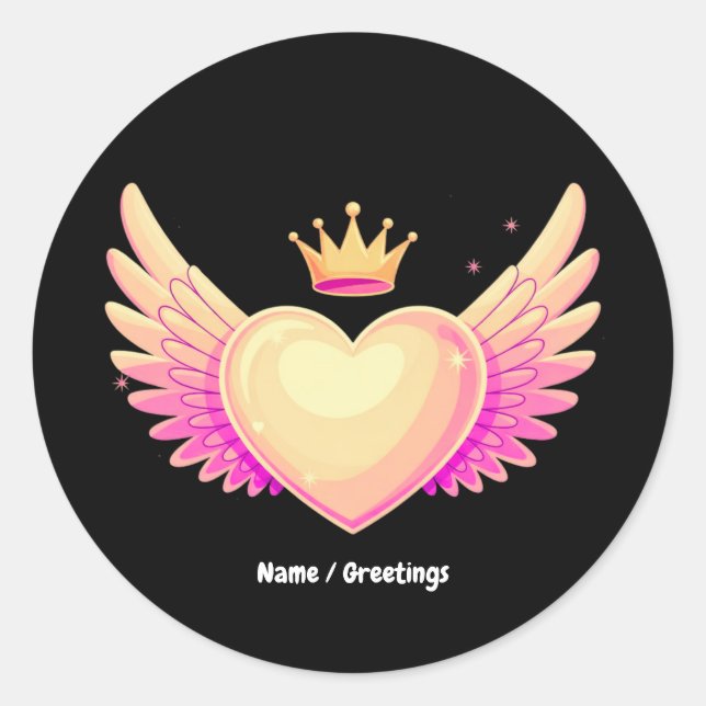 Angel Heart with Cool Pink Wings and Crown A Touch Classic Round Sticker (Front)