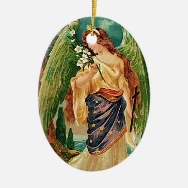 Angel holding a floral branch ceramic tree decoration (Front)