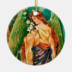 Angel holding a floral branch ceramic tree decoration