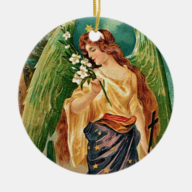 Angel holding a floral branch ceramic tree decoration (Front)