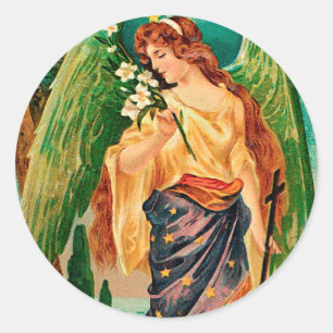 Angel holding a floral branch classic round sticker