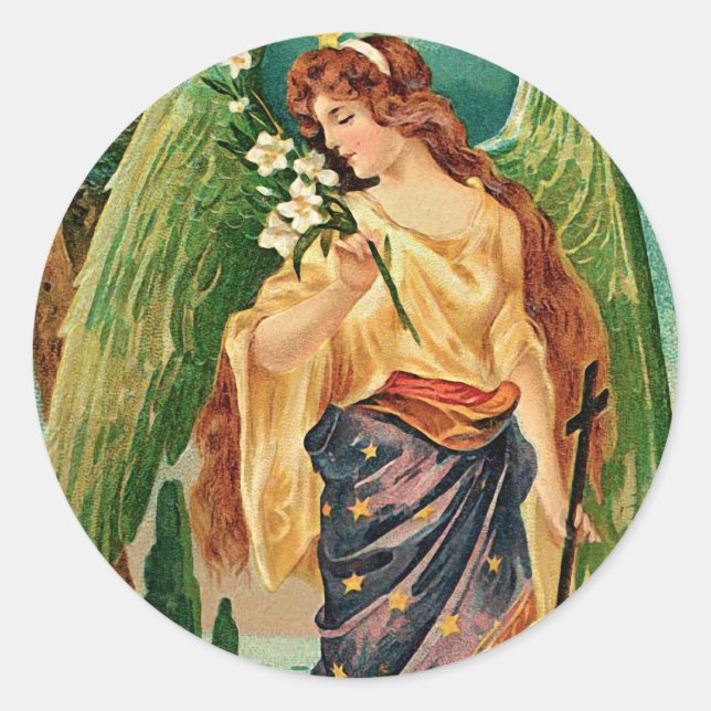 Angel holding a floral branch classic round sticker (Front)