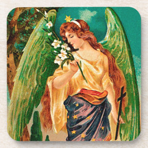 Angel holding a floral branch coaster