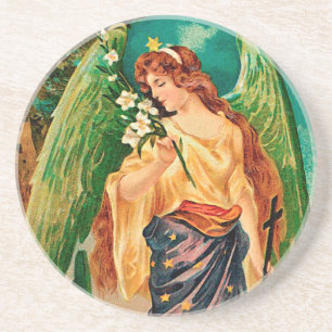 Angel holding a floral branch coaster