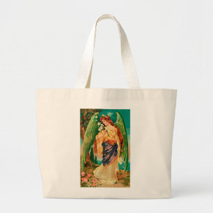 Angel holding a floral branch large tote bag