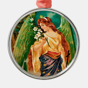Angel holding a floral branch metal tree decoration