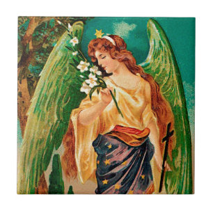 Angel holding a floral branch tile