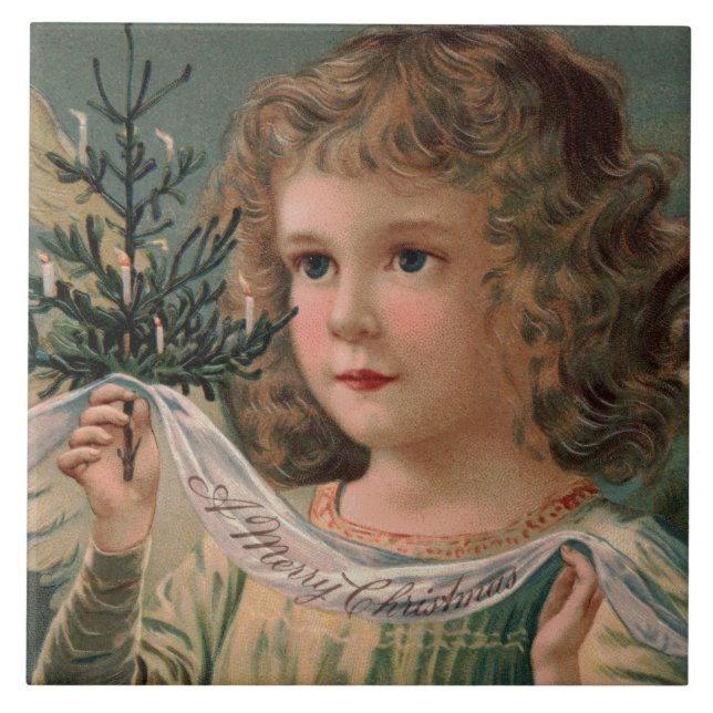Angel Holding a Tiny Candlelit Christmas Tree Tile (Front)