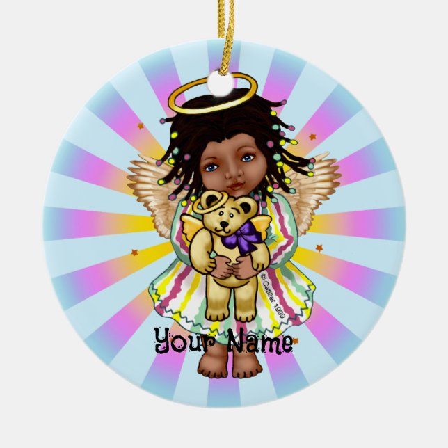 Angel Holding Bear Ceramic Tree Decoration (Front)