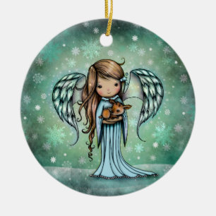 Angel holding Fawn Illustrated Art Ceramic Tree Decoration