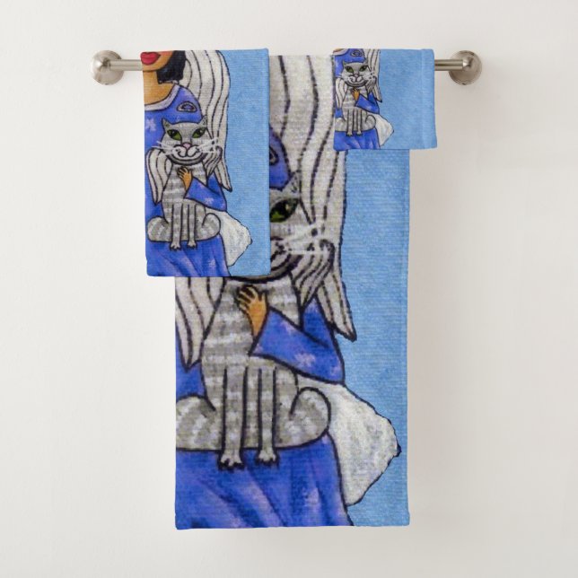 Angel Holding White Angel Cat on Cloud Light Blue Bath Towel Set (Insitu)