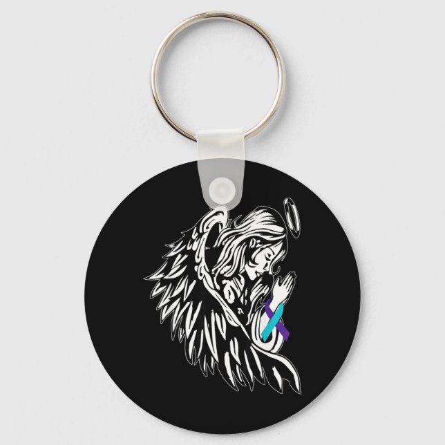 Angel Holds Teal Purple Ribbon Prevention Key Ring (Front)