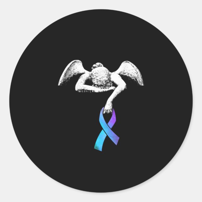 Angel Holds Teal Purple Ribbon Suicide Prevention Classic Round Sticker (Front)