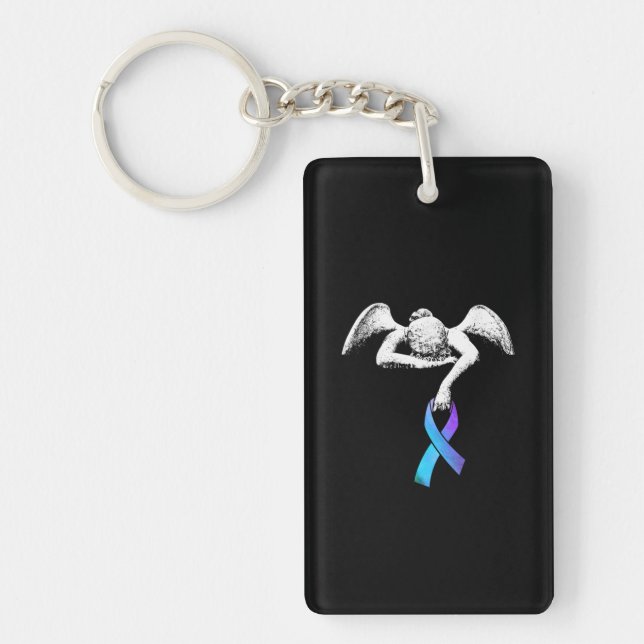 Angel Holds Teal Purple Ribbon Suicide Prevention Key Ring (Front)