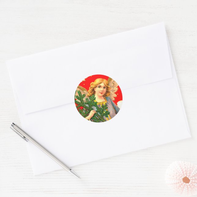 Angel in Lavender Carrying Xmas Tree  Classic Round Sticker (Envelope)
