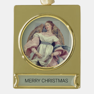 Angel in Pink & White:  Gold Plated Banner Ornament
