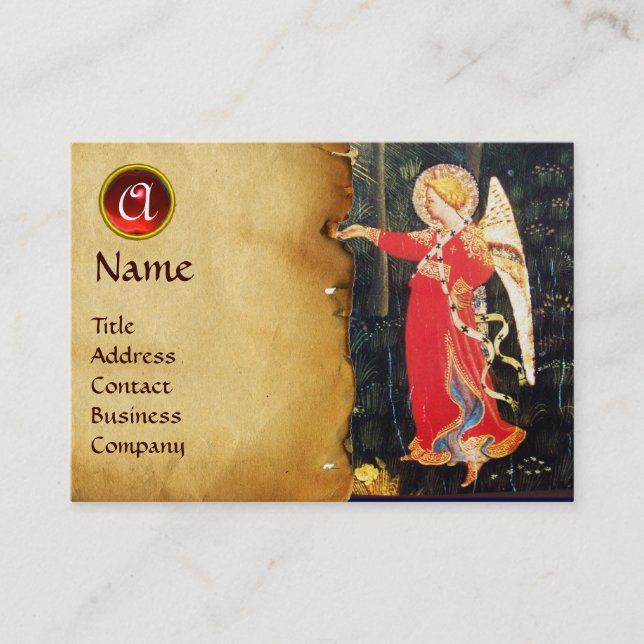 ANGEL IN RED AND BLACK MONOGRAM GOLD METALLIC BUSINESS CARD (Front)