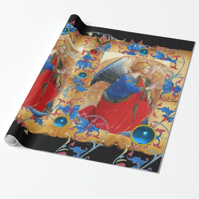 ANGEL IN RED,GOLD, BLUE FLORAL PARCHMENT AND GEMS WRAPPING PAPER (Unrolled)