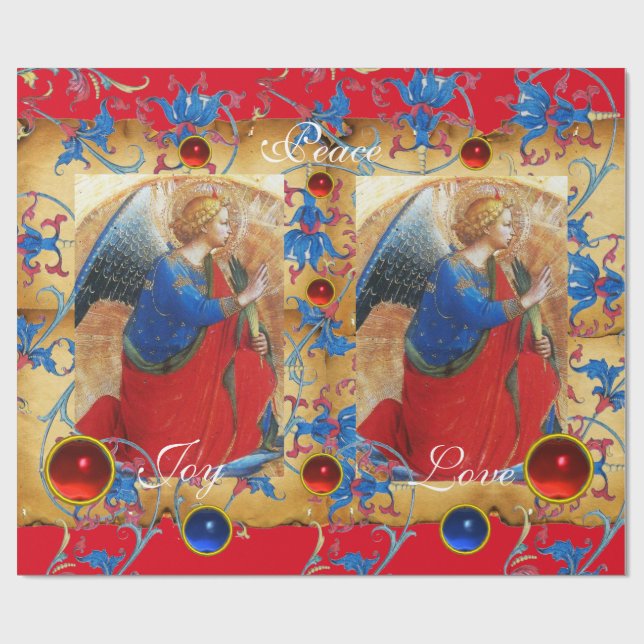 ANGEL IN RED,GOLD,BLUE FLORAL PARCHMENT WITH GEMS WRAPPING PAPER (Flat)