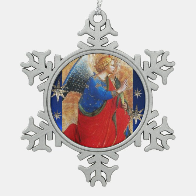 ANGEL IN RED,GOLD, BLUE WITH DIAMOND STARS SNOWFLAKE PEWTER CHRISTMAS ORNAMENT (Front)