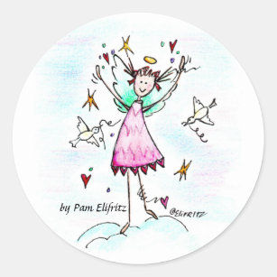Angel in Red Gown has Hearts and Peace Dove sketch Classic Round Sticker